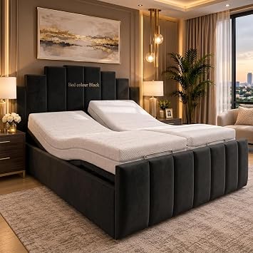 Adjustable Electric Panel Crown Mobility Bed Frame with Memory Foam Mattress, Black plush, 5ft-king size