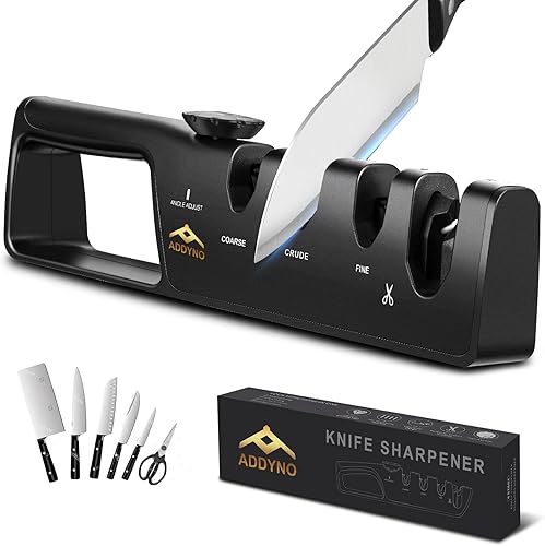 Afilador de cuchillos 4 en 1 con guía de ángulo, borde ajustable, 3 etapas gruesas, afilar, fino + ranura para tijeras, base antideslizante y mango