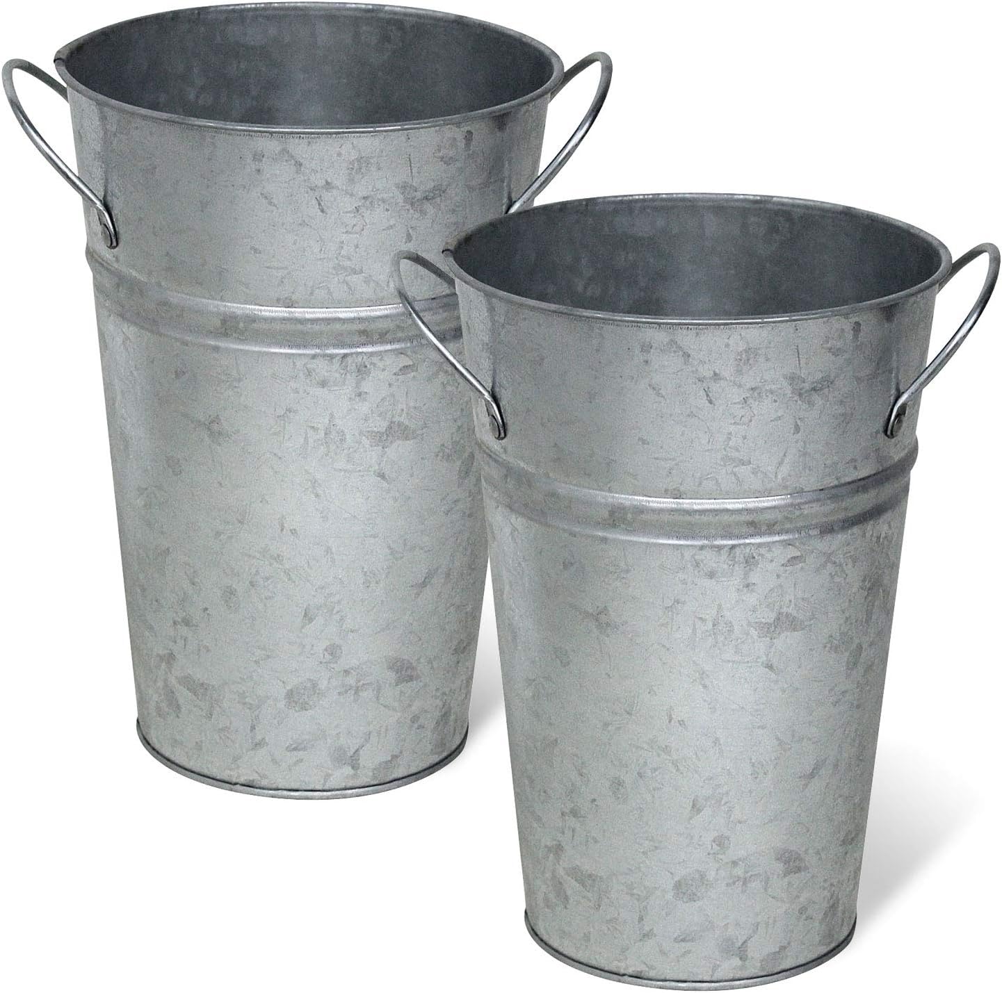 Rustic Metal Flower Vase - 8 Inches Tall - French Bucket - Farmhouse Style - Set of 2 - (Silver)