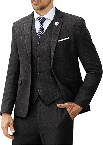 MAGE MALE Retro Tweed Mens 3 Piece Suit One Button Notch Lapel Thicken Slim Fit Tuxedos Set