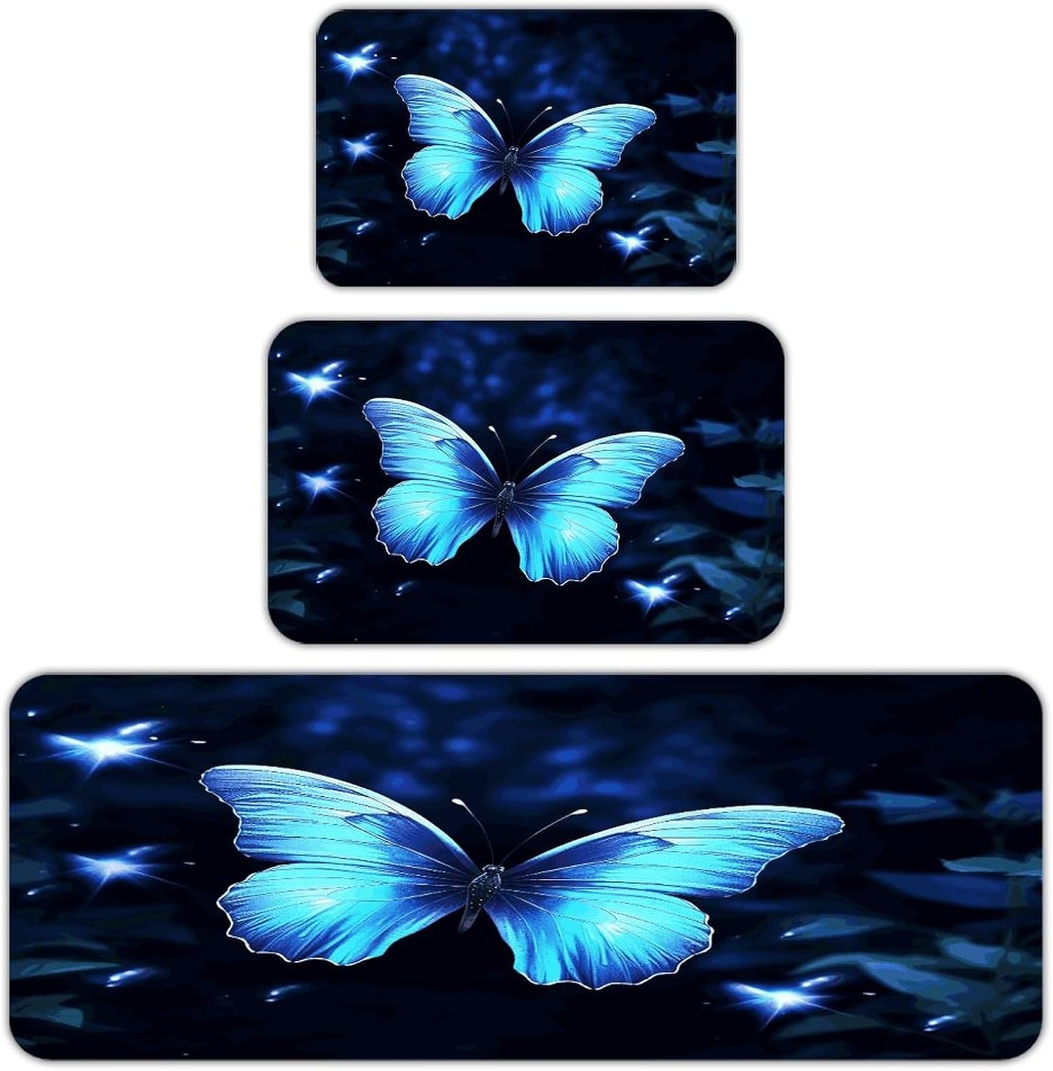 Blue Butterfly 3-Piece Kitchen Rug Indoor Door Mat | Non-Slip Kitchen Mat for Profile Absorbent, Moisture-Wicking and Breathable for Bathroom Laundry Room Bedroom Home Decor