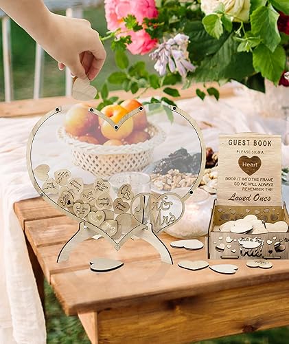 Miniatura 8 de Qivine Libro de visitas, libro de invitados de decoración de boda de corazón de madera, recuerdos de boda de acrílico para invitados con soporte de