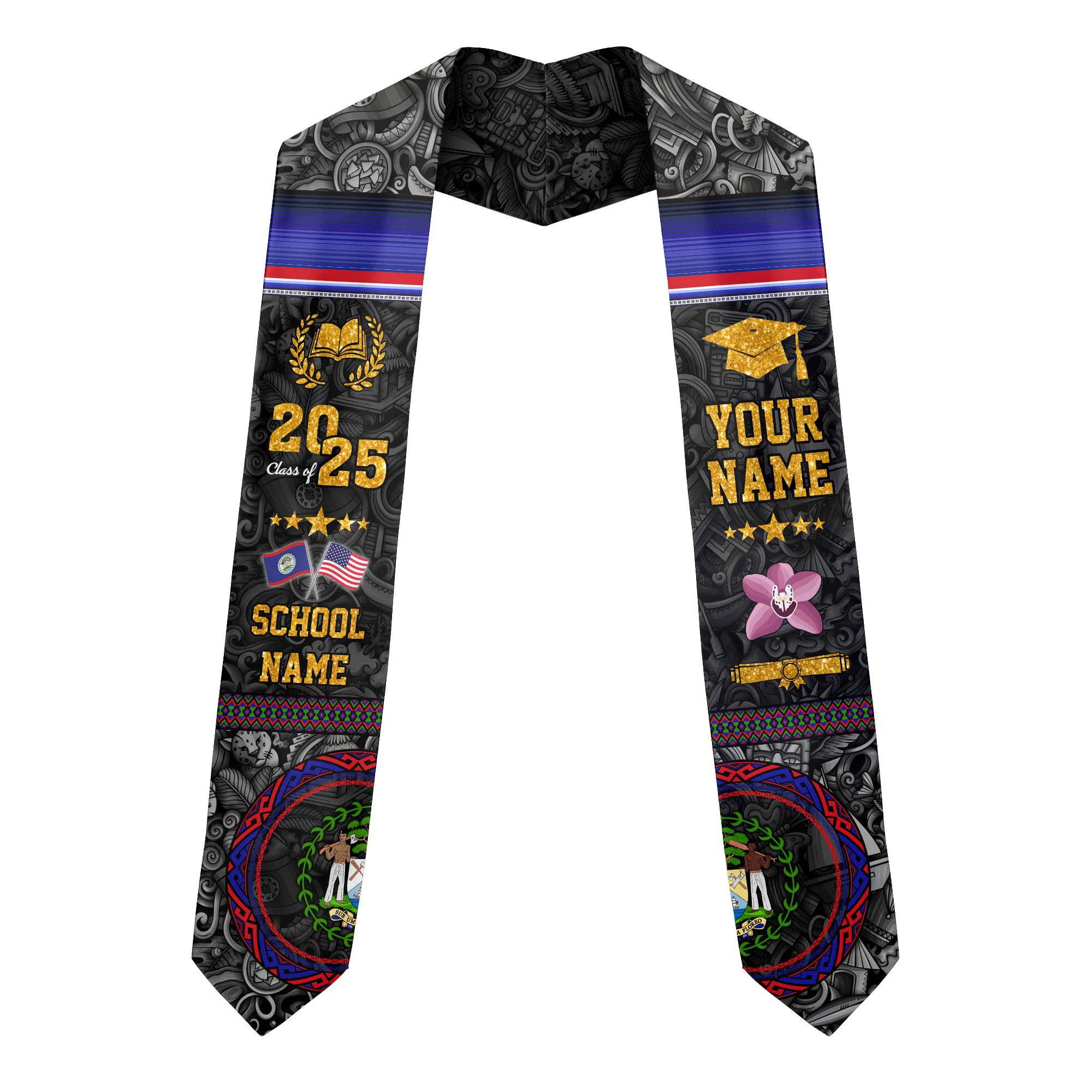 MonkeyVan Custom Belize Graduation Sash Belize Stole for Graduation Belize Flag Gift Graduation Sash Graduation Stole Bz18