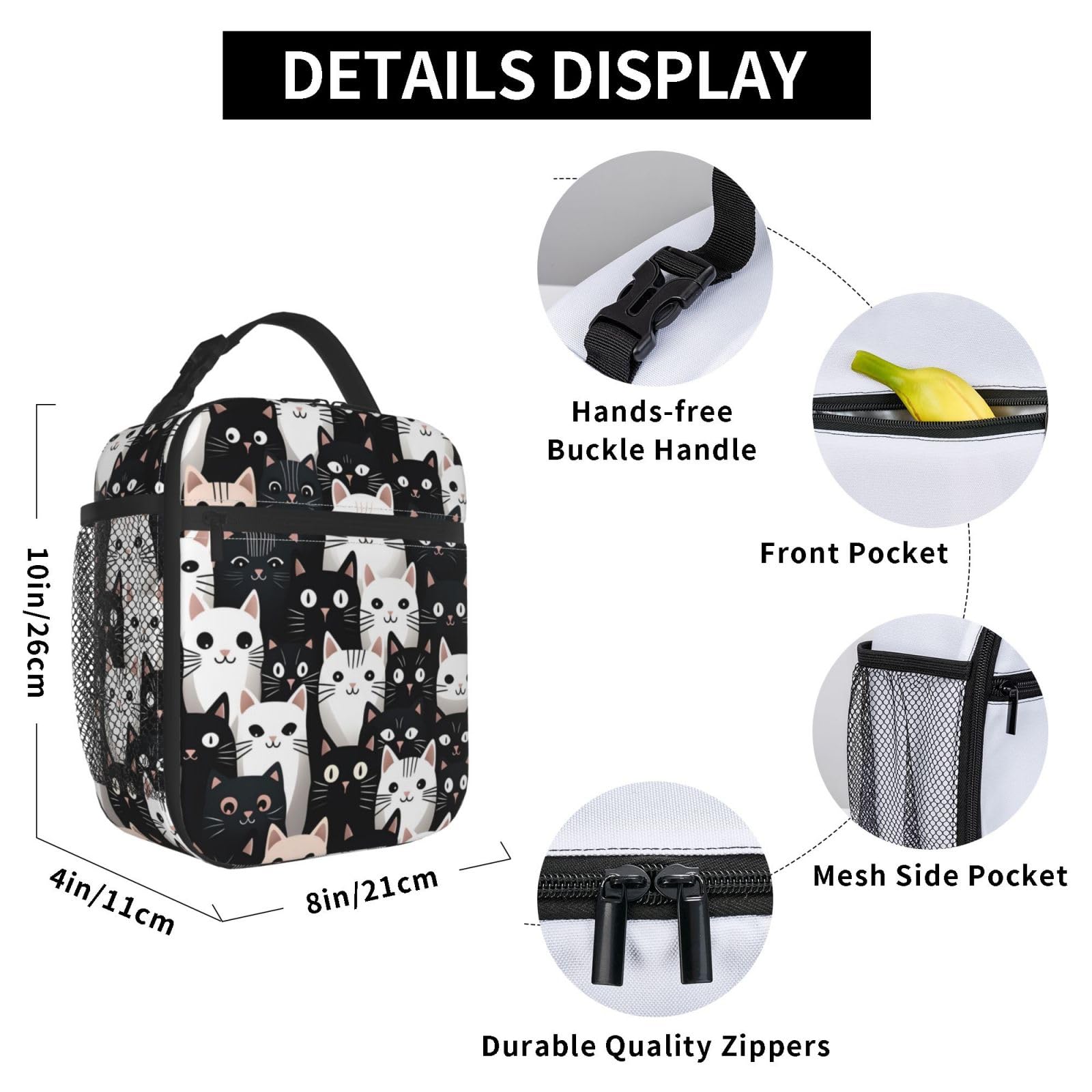 Mexpekil Borsa termica per il pranzo con gatto nero e bianco per donne e uomini, borsa termica portatile da picnic con tasca laterale in rete per adulti Lunchbox per lavoro