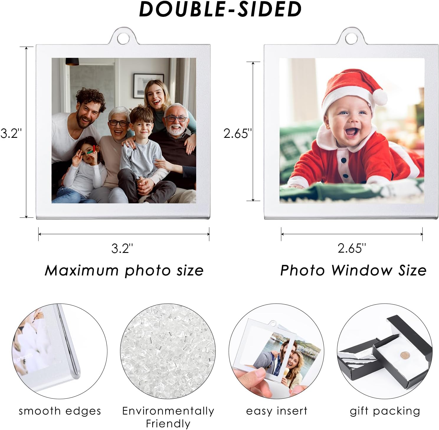 UNIQOOO 3.2 x 3.2 inch Christmas Acrylic Silver Photo Frame Ornaments for Display Picture, 6 Pcs Festive Hanging Decoration, Double-Sided Picture Frames for Holiday Season Home Party Xmas Tree Decor Silver 6Pcs 3.2*3.2 inch