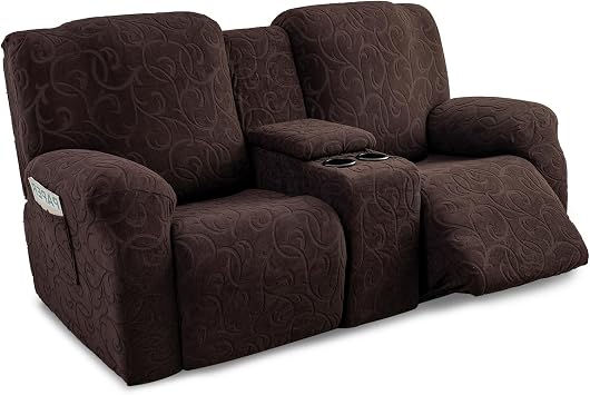 غطاء Loveseat للكرسي مع وحدة تحكم مركزية، 2 مقعد جاكار Recliner أريكة Slipcover مع جيوب قابلة للغسل تمتد مستلق يغطي الأريكة حامي الأثاث مع الأشرطة المرنة القهوة