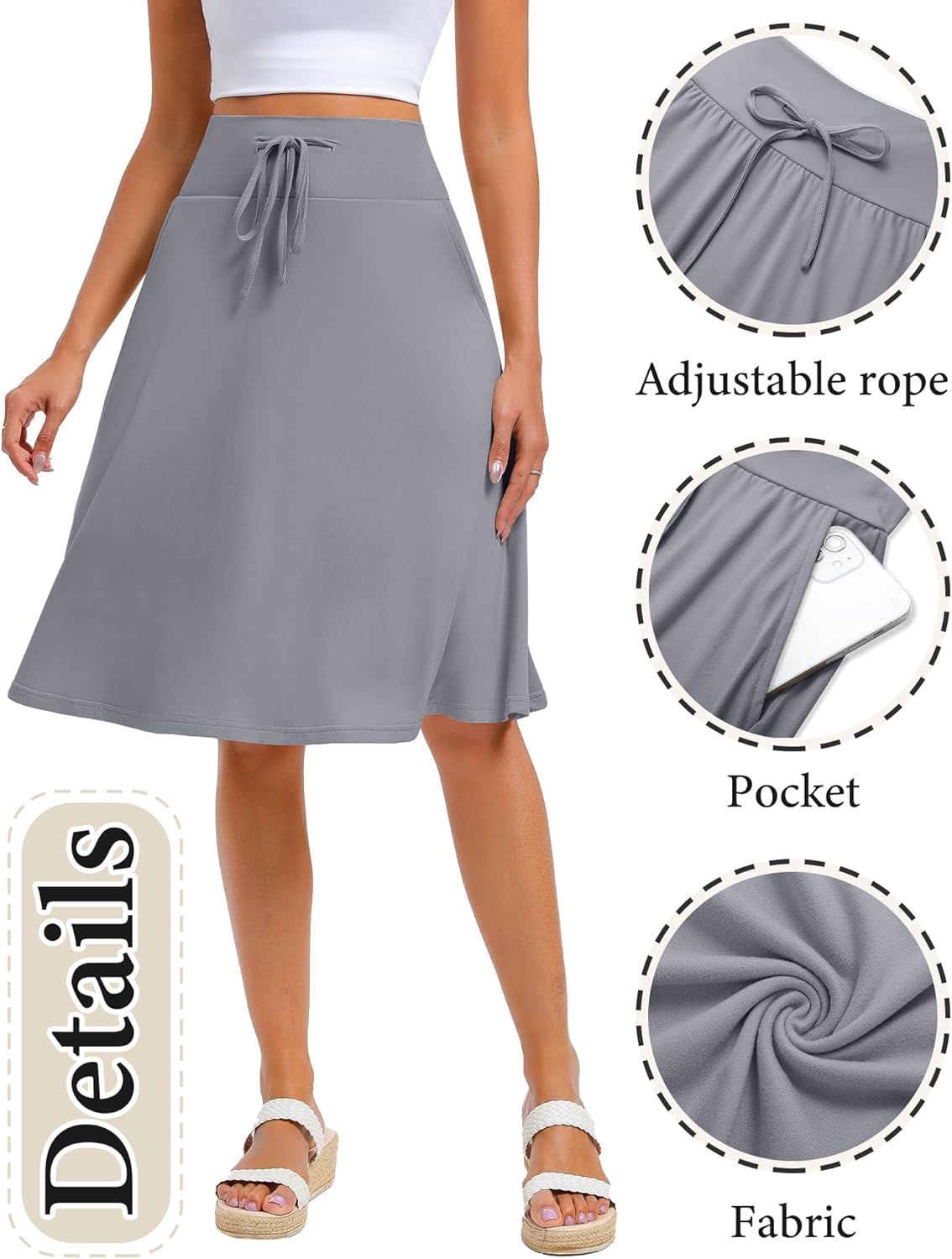 Neer 3 Pack Women's Knee Length Midi Skirts, Flowy Flared High Waisted A-Line Casual Drawstring Summer Skirts with Pockets(Black, Light Gray, Dark Gray,X-Large) - Image 6