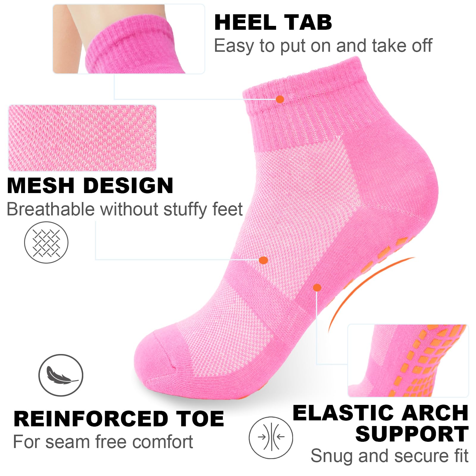 jeuhut Pilates Socks for Women Non Slip Grip socks Woman for Yoga Barre Hospital Barefoot (6 pairs mesh socks)