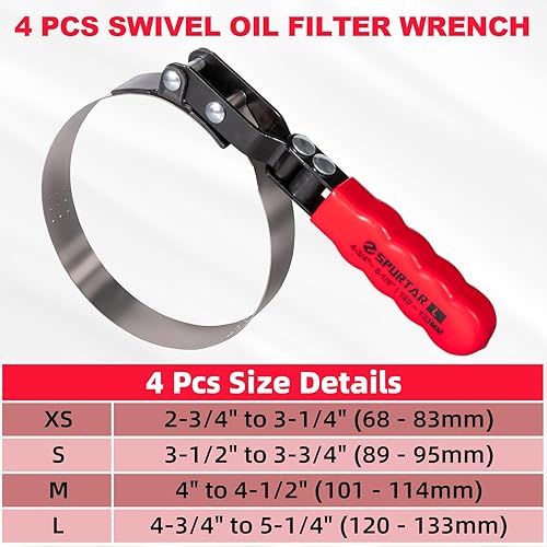 Miniatura 7 de Spurtar Juego de llaves giratorias para filtro de aceite de 5 piezas Ajustable Llave de 2-34" a 5-14" (70-133mm) Herramienta universal de 12" para