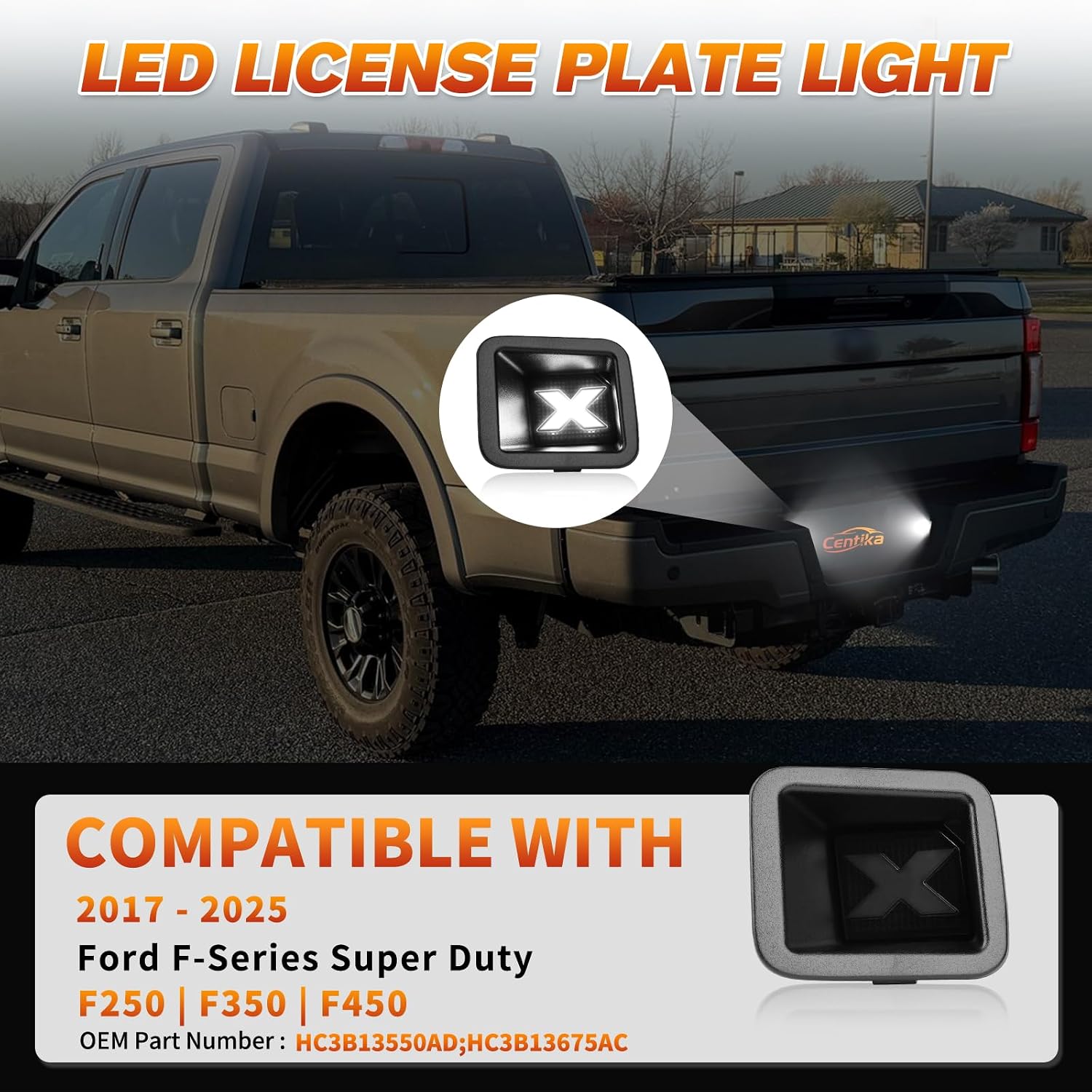 LED License Plate Lights Tag Light Lamp Assembly for Ford F250 F350 2017-2019, 6000K Full White & Smoked Lens, Pack of 2, OEM # HC3B13550AD HC3B13675AC (Xstyle Patent Pending)