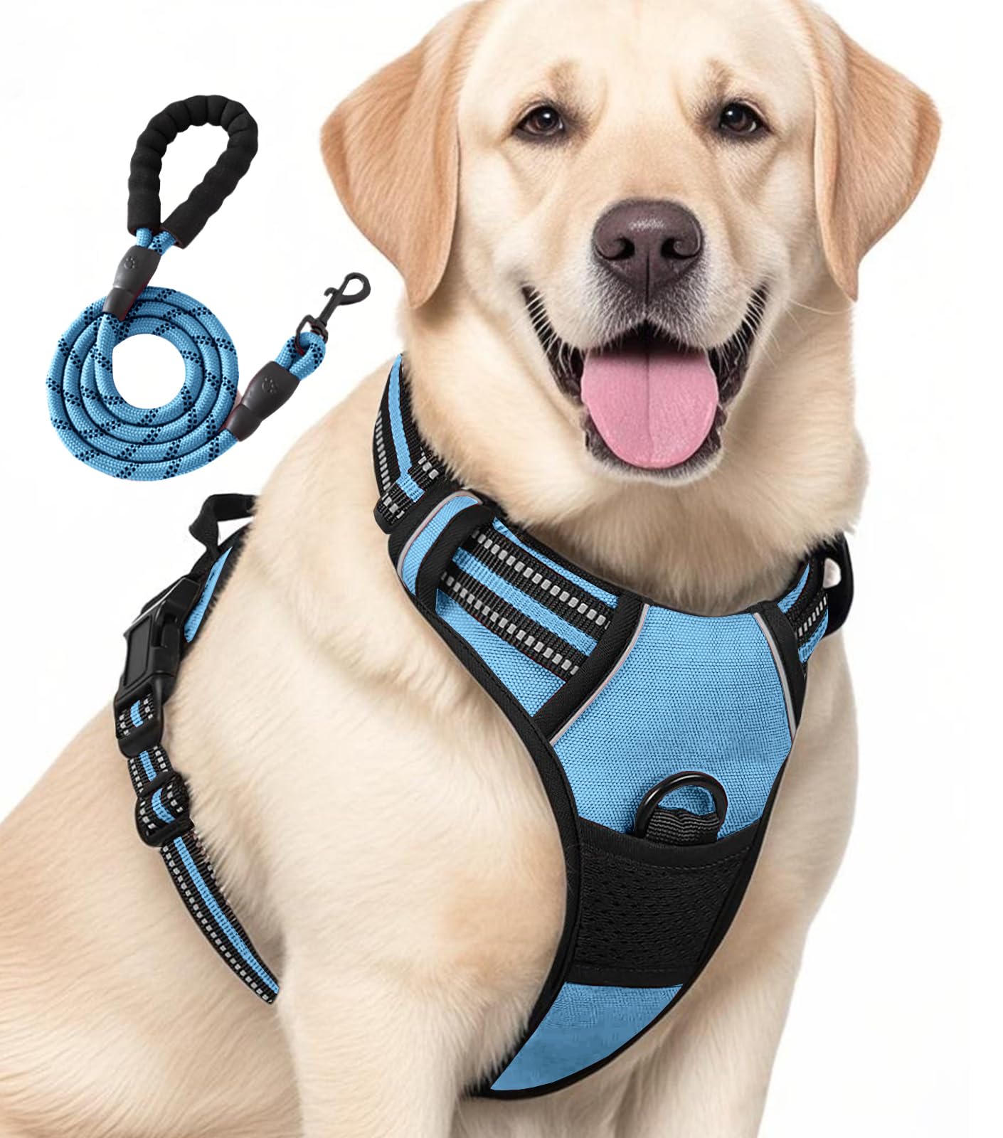Jomkig No Pull Dog Harness Reflective No-Choke Harness with Front Back Clips Adjustable Soft Padded Pet Vest with Easy Control Handle for Large Dogs, Blue, X-Large