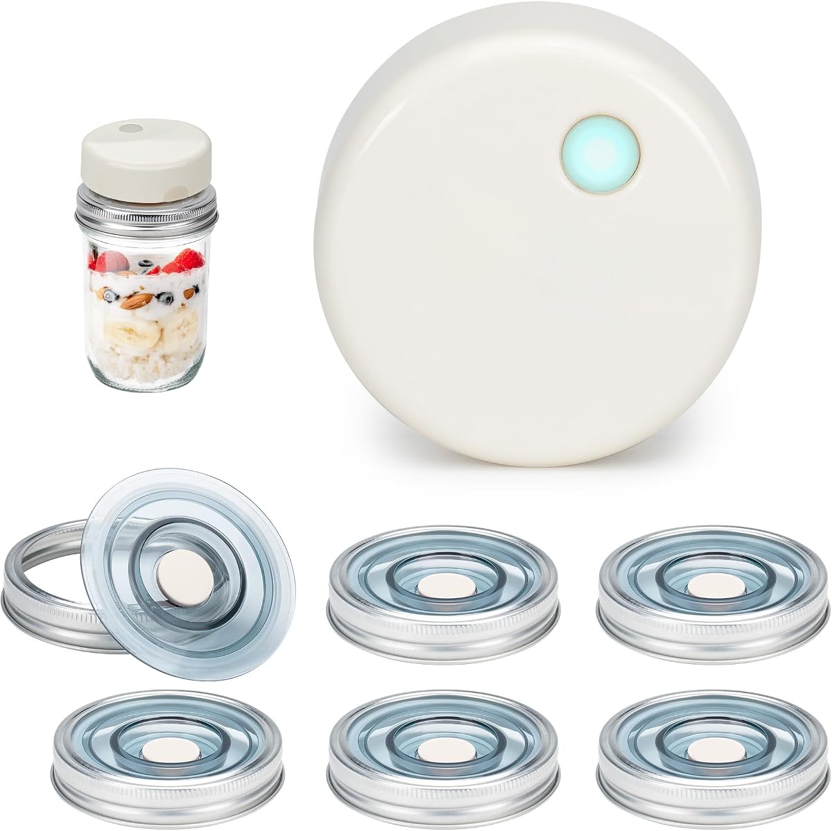 Mason Jar Vacuum Sealer Kit – Auto-Stop Wide Mouth Vacuum Sealer + 6 Reusable AS Airtight Lids with Patented Valve, Compatible with Ball & Kerr Mason Canning Jars, Designed in USA