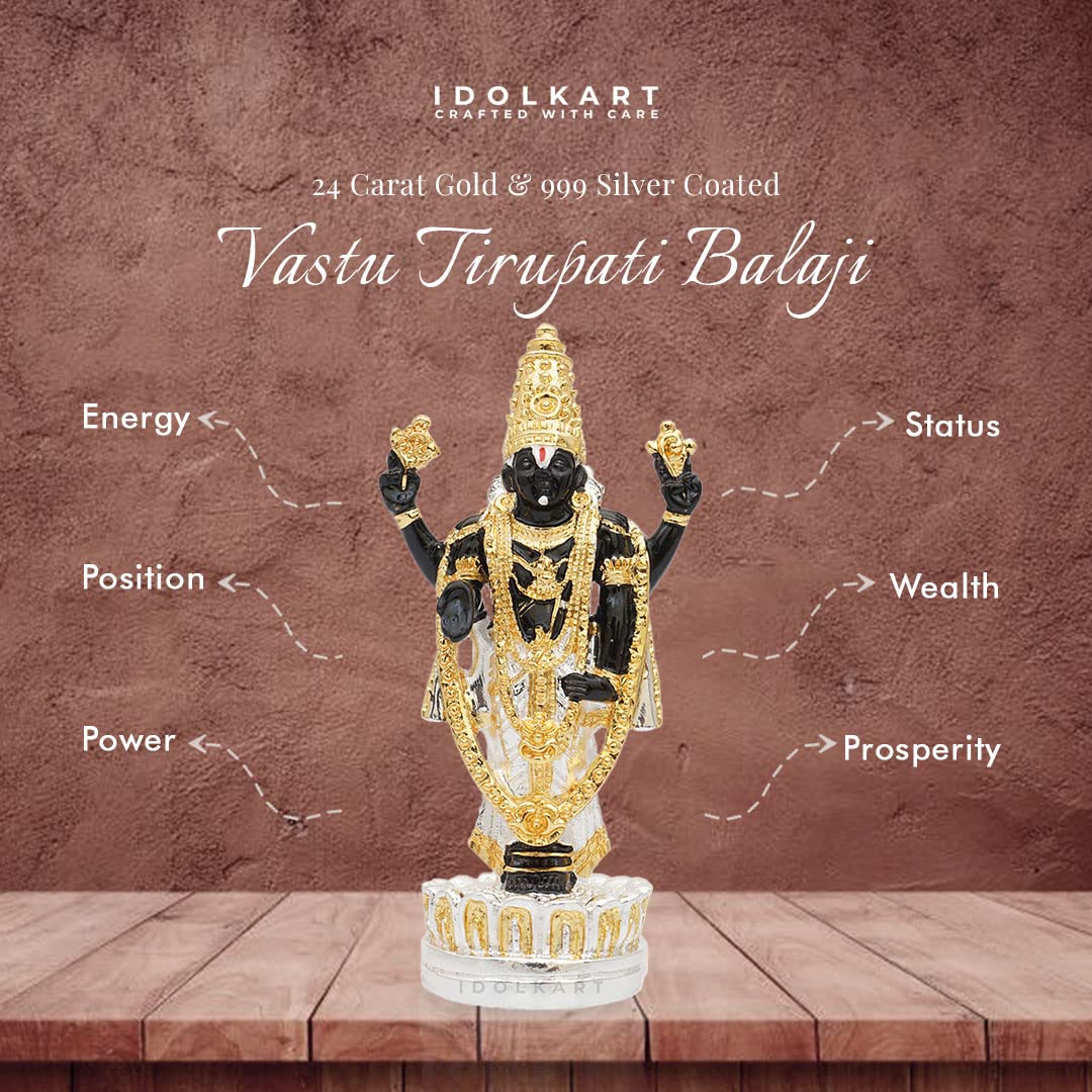 Idolkart 24 Carat Gold and 999 Pure Silver Coated Tirupati Balaji Idol for Car Dashboard, Venkateswara Swamy Idol, Vaastu Advised Balaji Idol - Tirupati Balaji Murti Idols for Pooja Room - 13cm 4