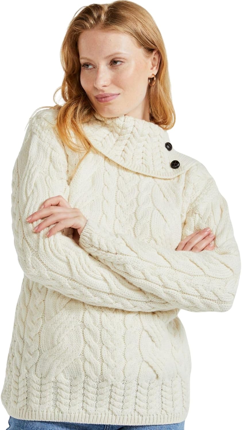 Aran Woollen Mills Maeve Womens Irish Cable Knit Sweater with Button Collar, Supersoft Merino Wool, Made in Ireland