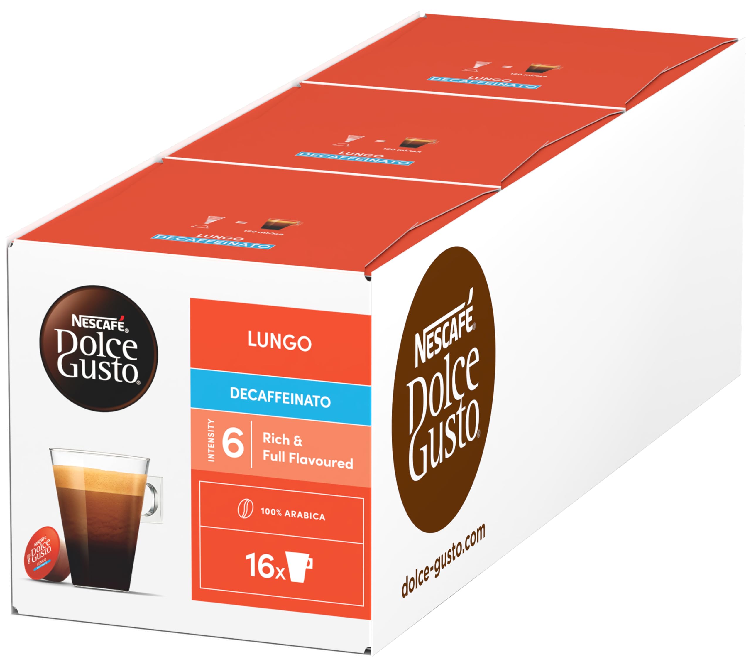 NESCAFÉ Dolce Gusto Lungo Decaffeinato Kaffeekapseln – 3er Pack (3 x 16 Kapseln)