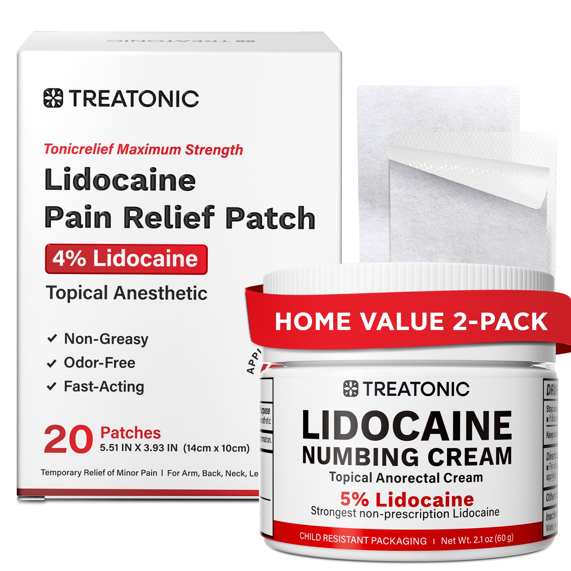 Treatonic Lidocaine Numbing Cream &amp; Patches Set: 5% Lidocaine Cream (2.1oz) + 4% Patches (20PCS) - Maximum Strength Topical Anesthetic for Pain Relief, Itching, Burning, Soreness, Hemorrhoid