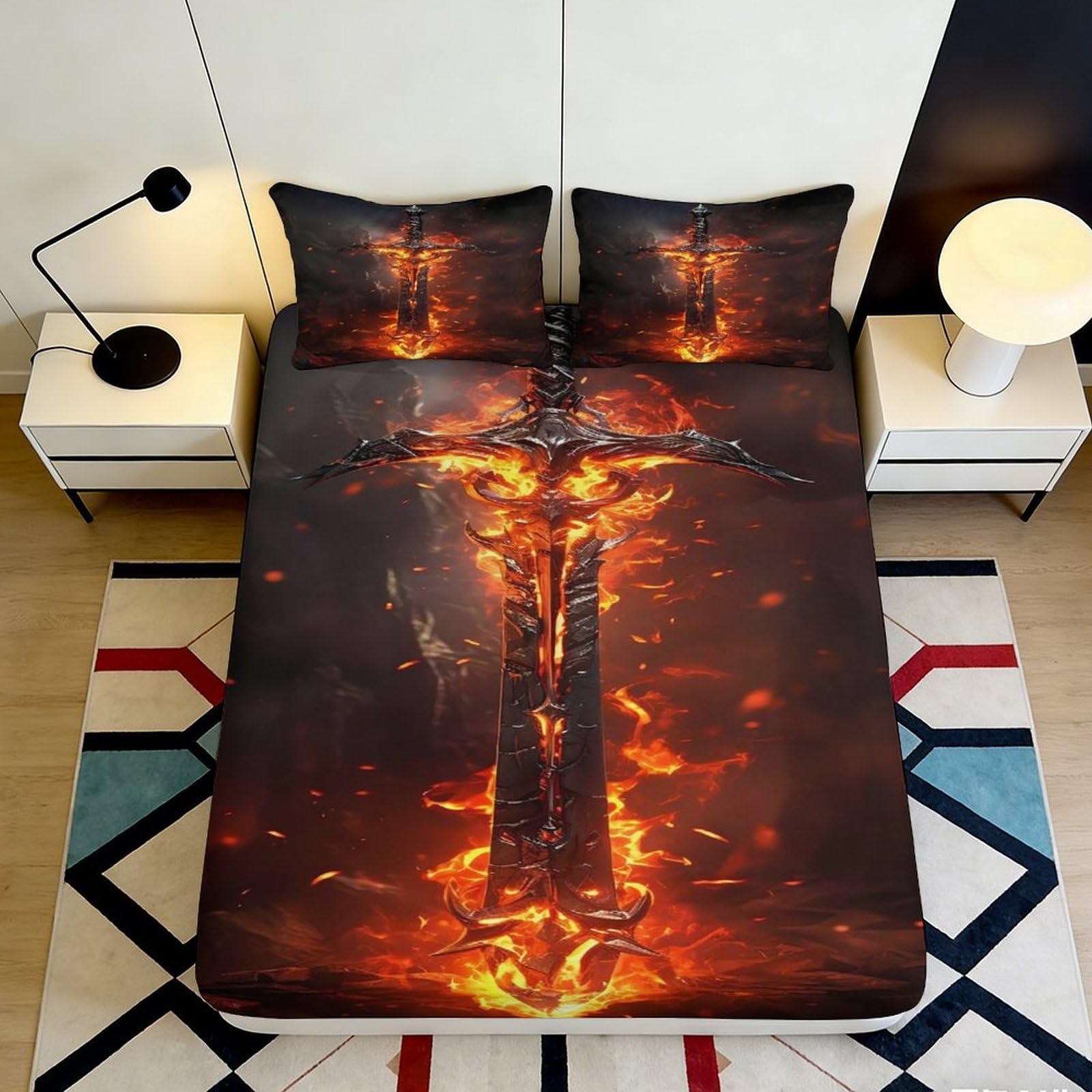 Pnayamiorkfel Style-7 3D Printed Flaming Sword Fitted Sheet Microfiber Soft Mattress Cover Fantasy Fire Art For Bedroom Dorm Decor 90X200x25cm