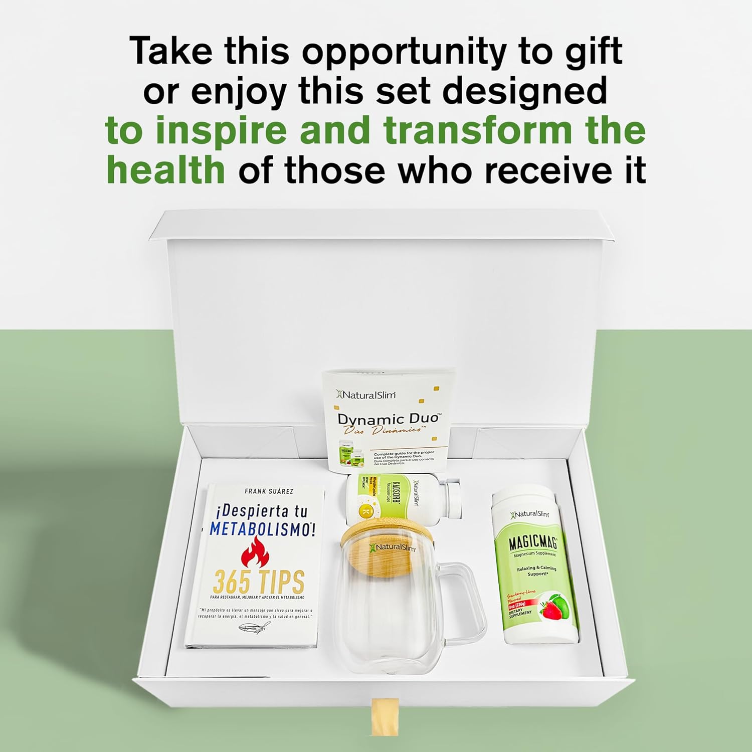 NaturalSlim Dynamic Duo Gift Set – Magnesium Powder, Potassium Capsules, Despierta tu Book, Double Glass Mug & Premium Gift Box | Educational Wellness Bundle Inspired by Frank Suárez