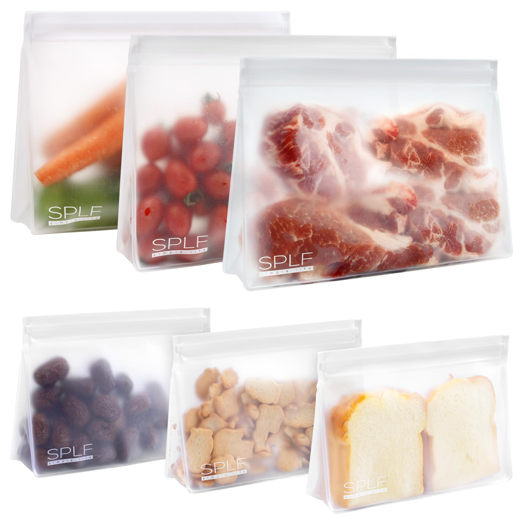 SPLF 6 Pack Dishwasher Safe Reusable Freezer Bags, Reusable Food Bags, BPA FREE Ziplock Bags Stand Up Extra Thick Leakproof Silicone and Plastic Free Zipper Sandwich Snack Lunch Bags