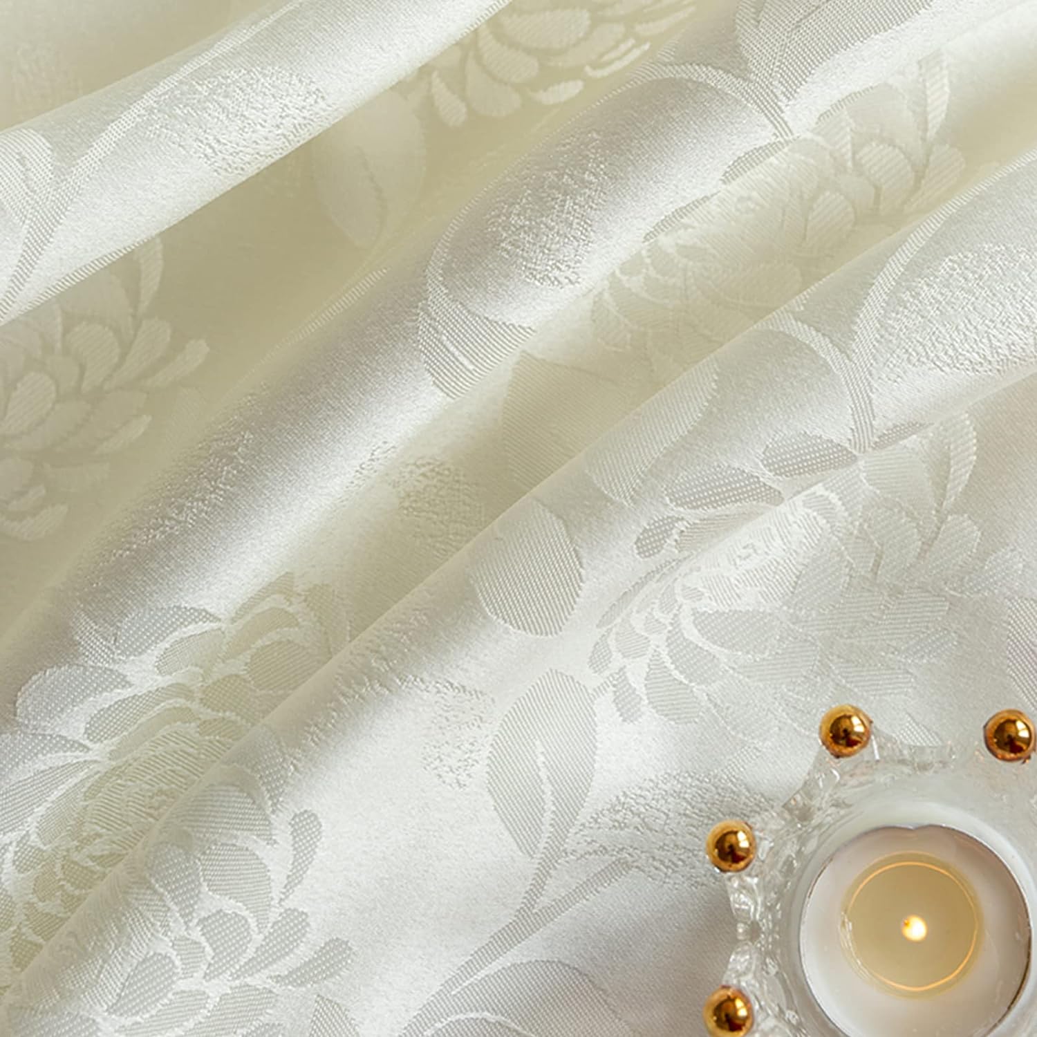 GLORY SEASON Textured Tablecloth Waterproof Spillproof Lace Trim Rectangle Damask Fabric Table Cloth for Wedding Kitchen Dinning Tabletop Decoration,Oblong Table Cover 55 x 86 Inch, Ivory White