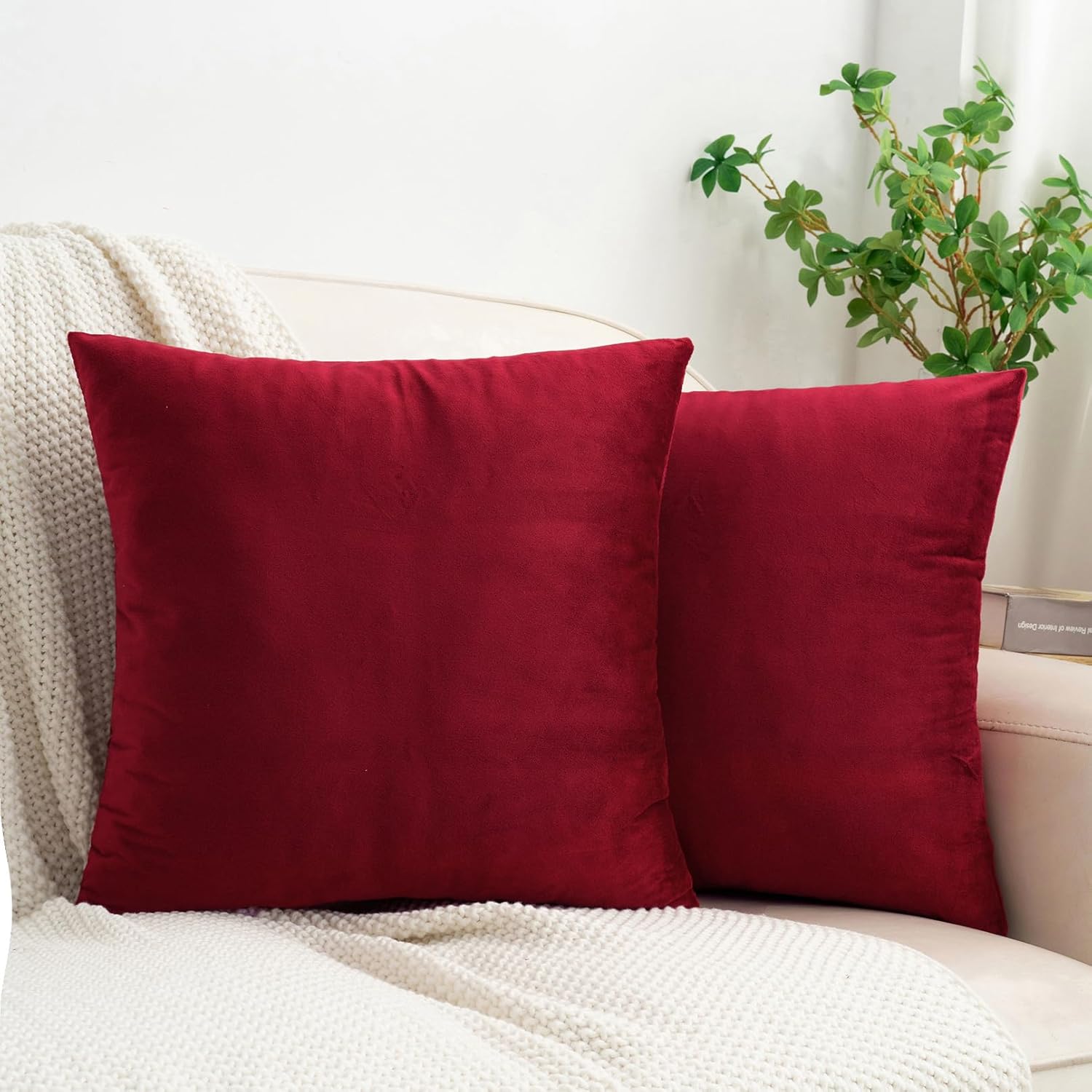 HWY 50 Burgundy Red Velvet Throw Pillow Covers 22x22 Inch, Pack of 2 Soft Cozy Solid Decorative Luxury Cushion Cases for Couch Sofa Bed Living Room Bedroom