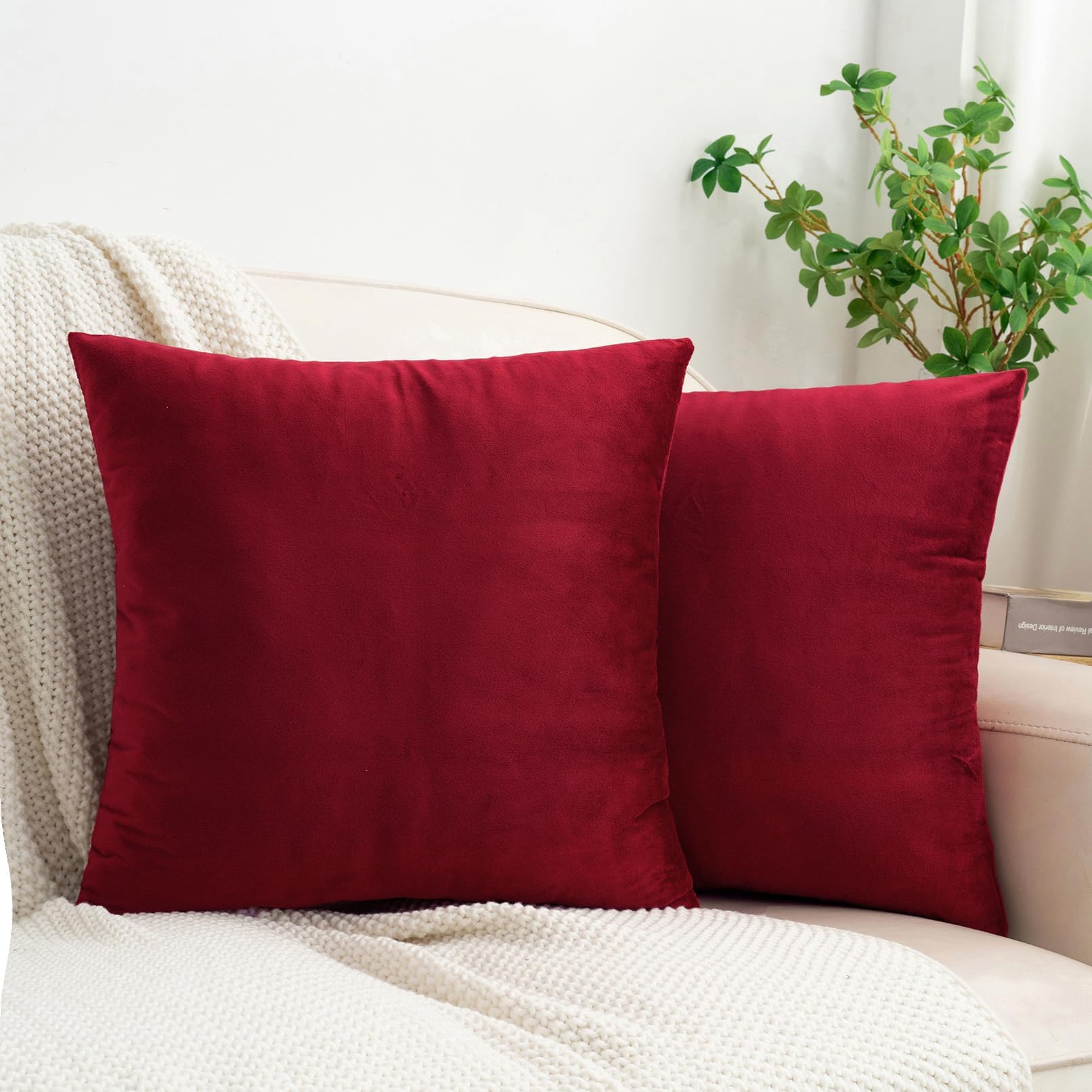 HWY 50 Burgundy Red Velvet Throw Pillow Covers 18x18 Inch, Pack of 2 Soft Cozy Solid Decorative Luxury Cushion Cases for Couch Sofa Bed Living Room Bedroom
