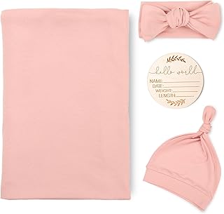 TANOFAR 4-Pack Newborn Swaddle Blanket for Baby Girls & Boys, Ultra Soft Receiving Blankets with Matching Headband and Beanie Set Baby Nursery Swaddle Wrap (Pink)