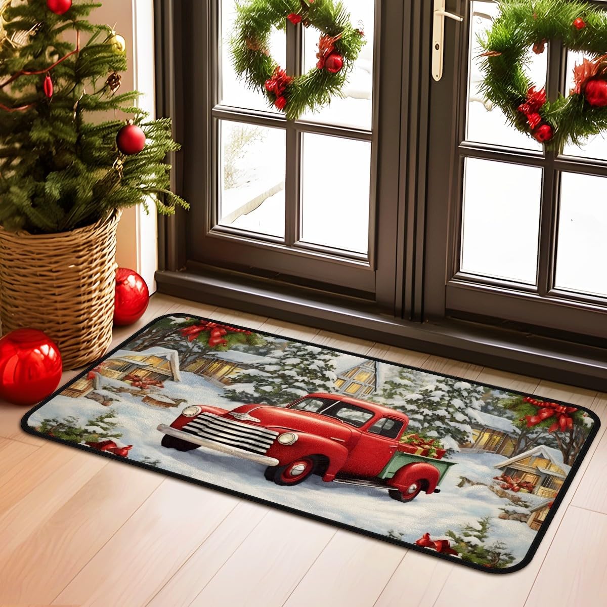 Christmas Rug Red Vintage Truck Floor Mat 20''x40'' Washable Runner Rugs Carpet Mat for Hallway Kitchen Bathroom Non-Slip Xmas Laundry Room Rug Decor Accessories
