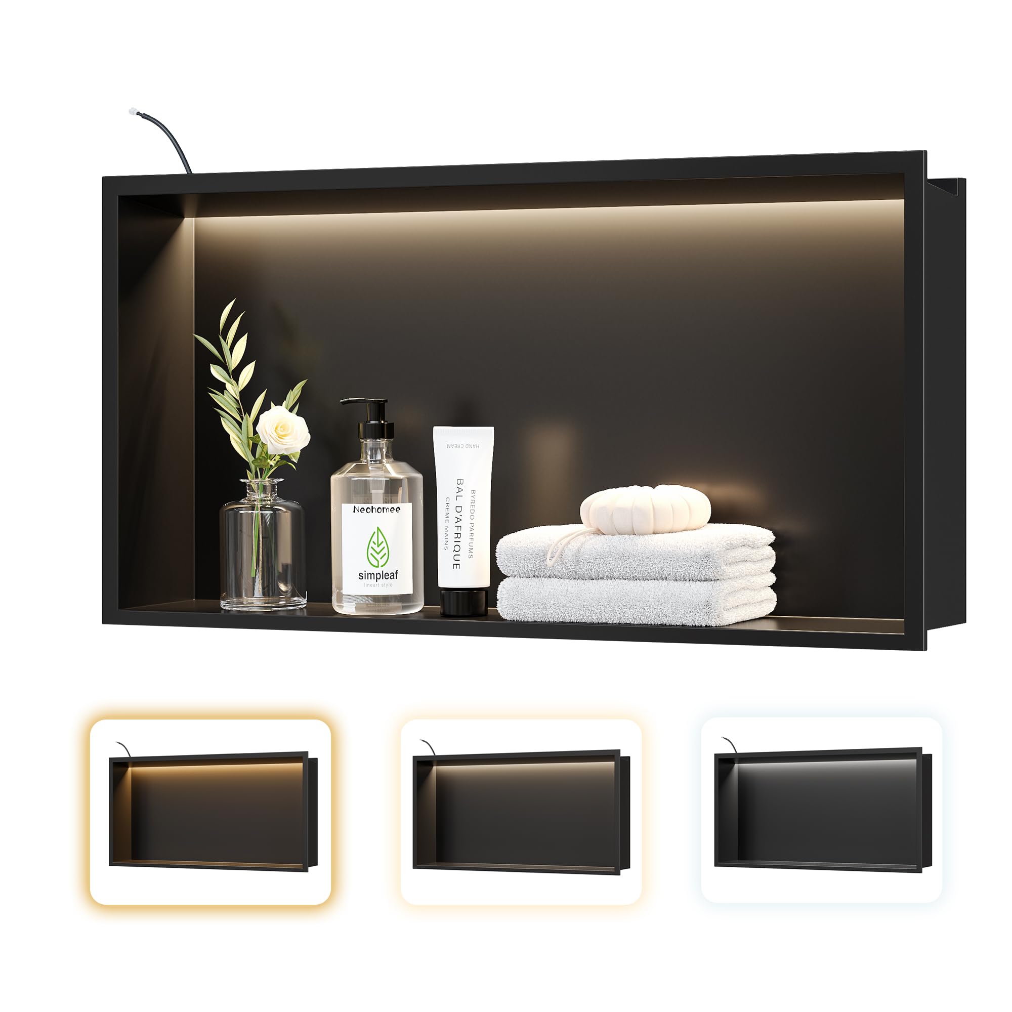 Niche de douche LED noire 61x30cm encastrée en acier inoxydable étanche