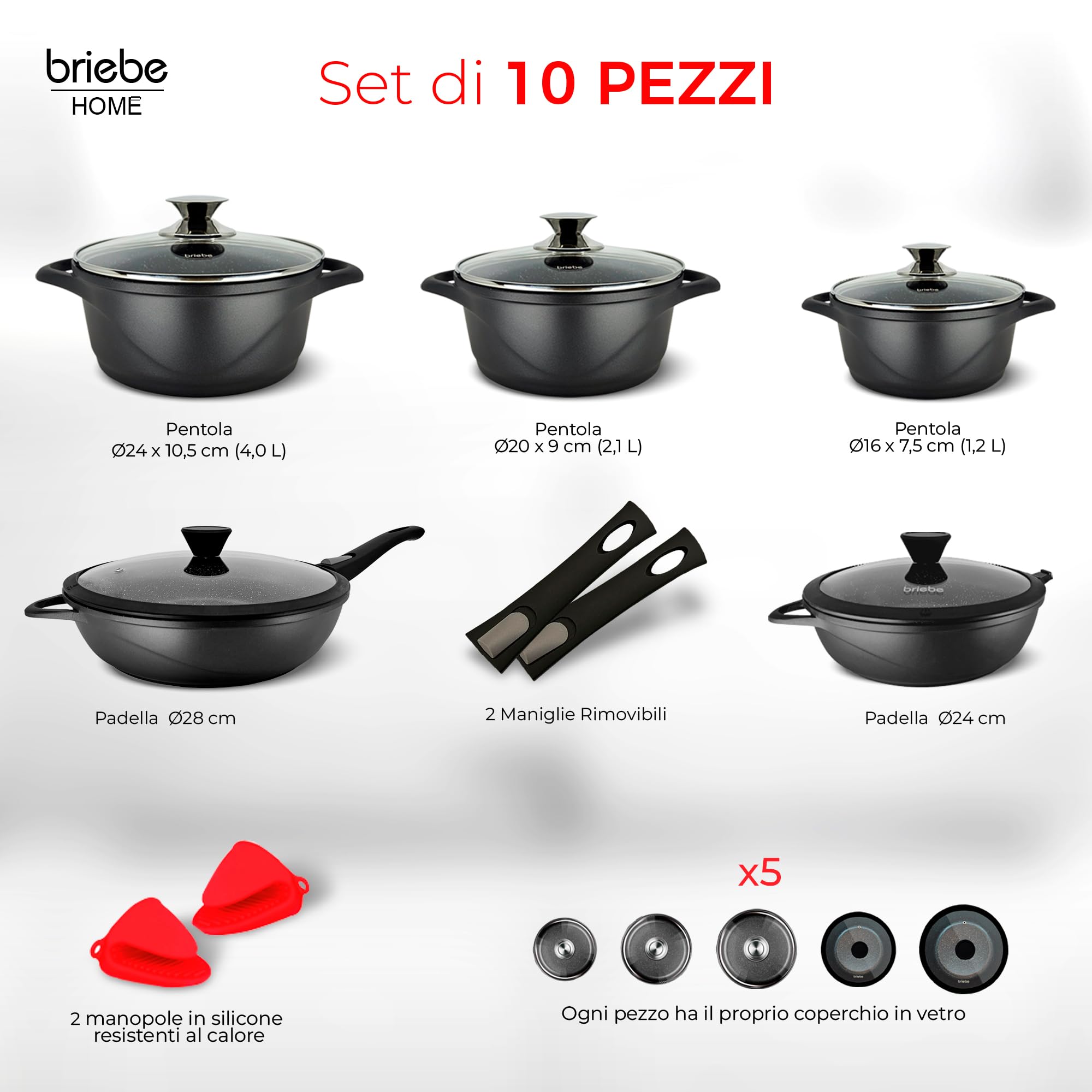 briebe Batteria da Cucina Induzione 10 Pezzi, set di 3 Pentole in Alluminio Fuso + 2 Padelle, Antiaderente ILAG GRANITEC senza PFOA, Coperchi in Vetro, Guanti in Silicone, Vetroceramica, Gas, Forno