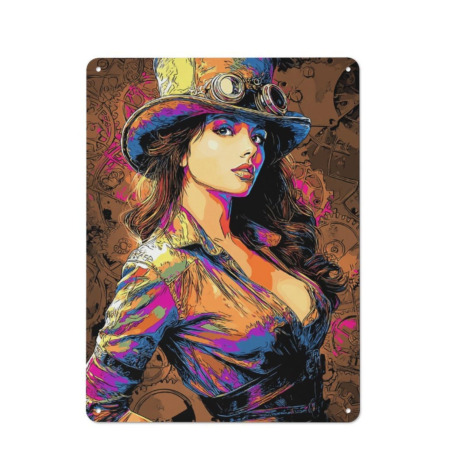 Steampunk Woman Portrait Old Style Metal Wall Decor 40x30cm, Decorative Tin Plaque for Cafe, Pub, Workshop Or Home Bar