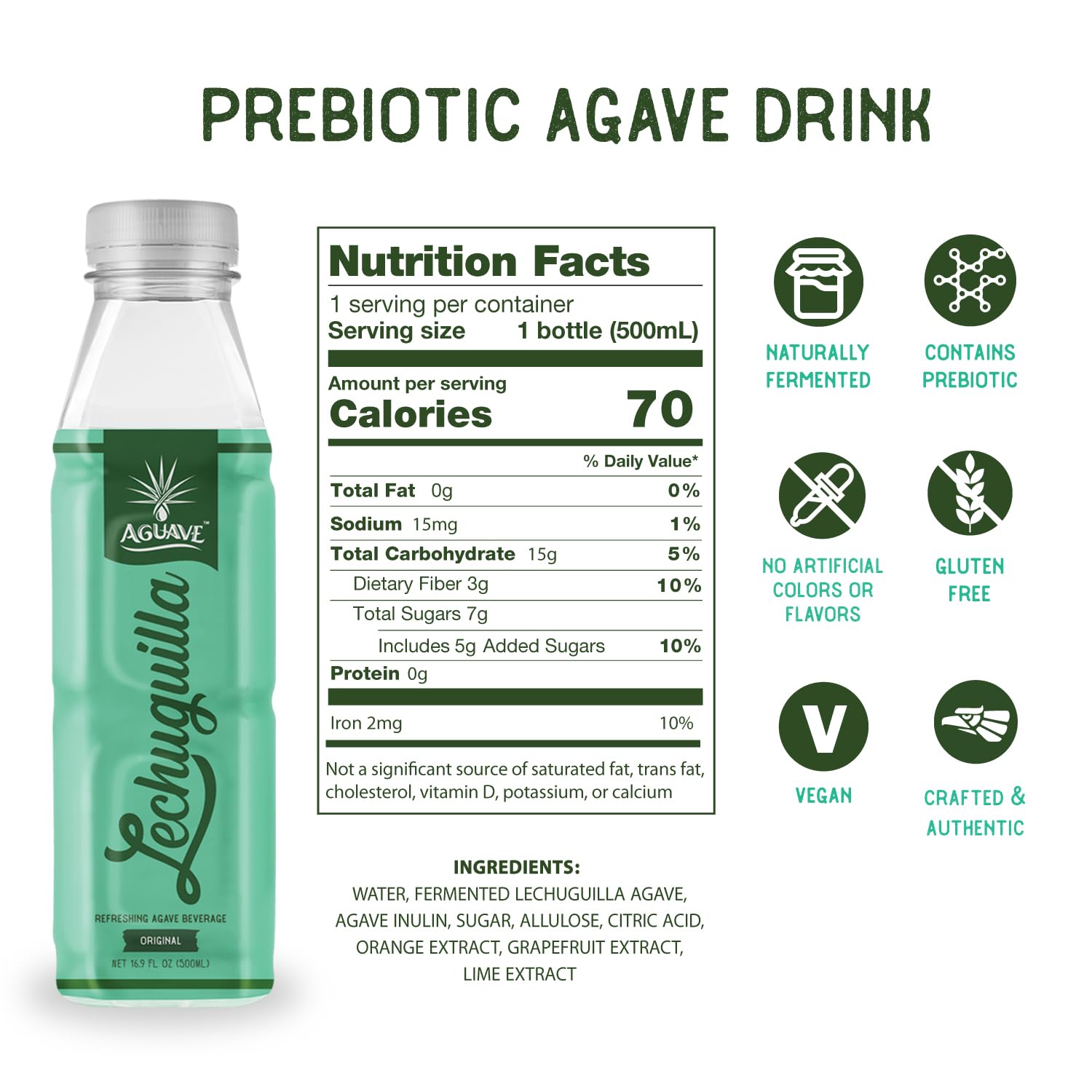 AGUAVE Prebiotic Mexican Drink – Fermented Agave LECHUGUILLA Beverage | Low Sugar Healthy Soda Alternative | Natural Gut Health Drink | 12-Pack