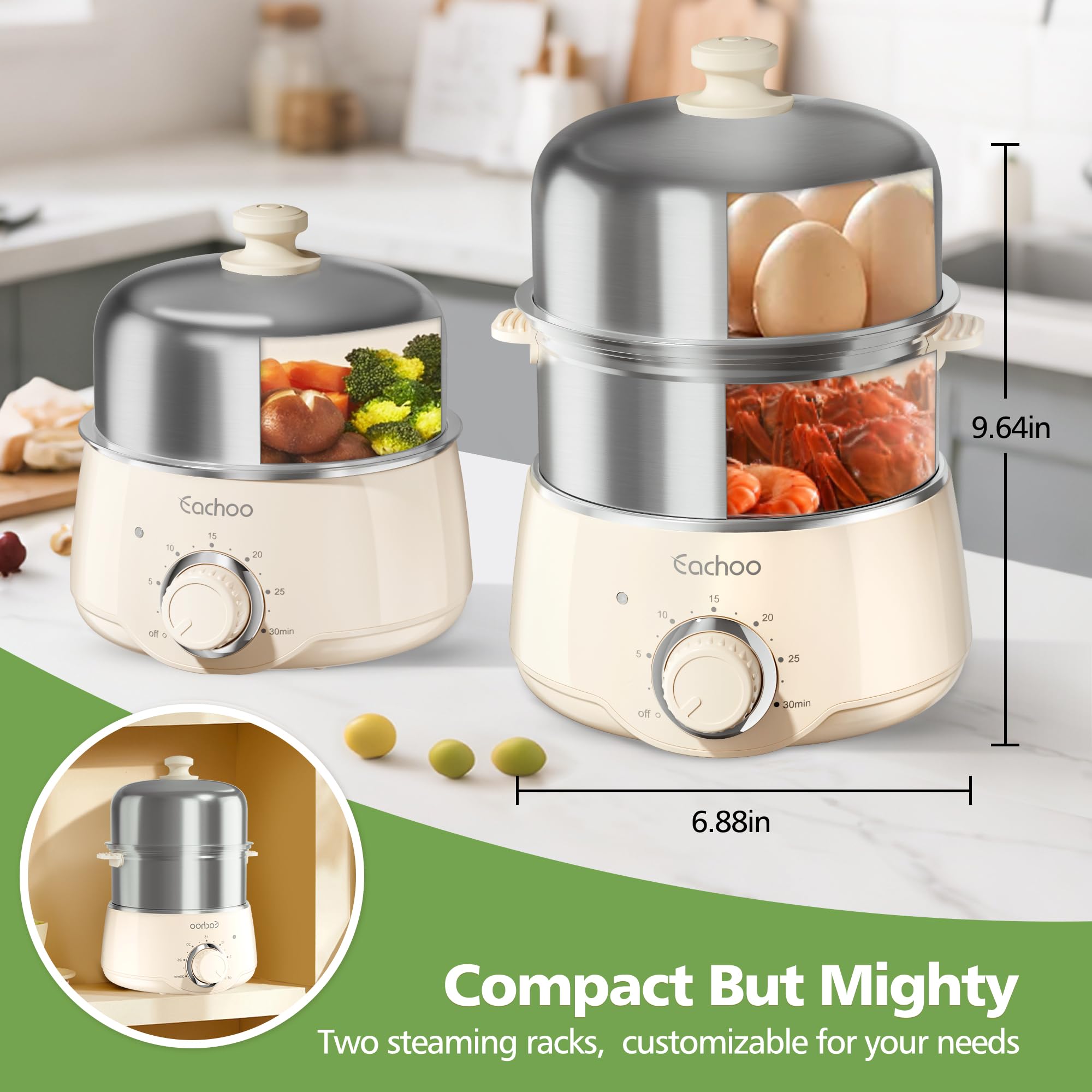 Hard Boiled Egg Cooker - CACHOO 14-Egg Rapid Stainless Steel Egg Boiler with 30-Min Timer & Auto Shut Off, Compact Electric Vegetable Steamer for Cooking, Dishwasher Safe, Beige — view 6