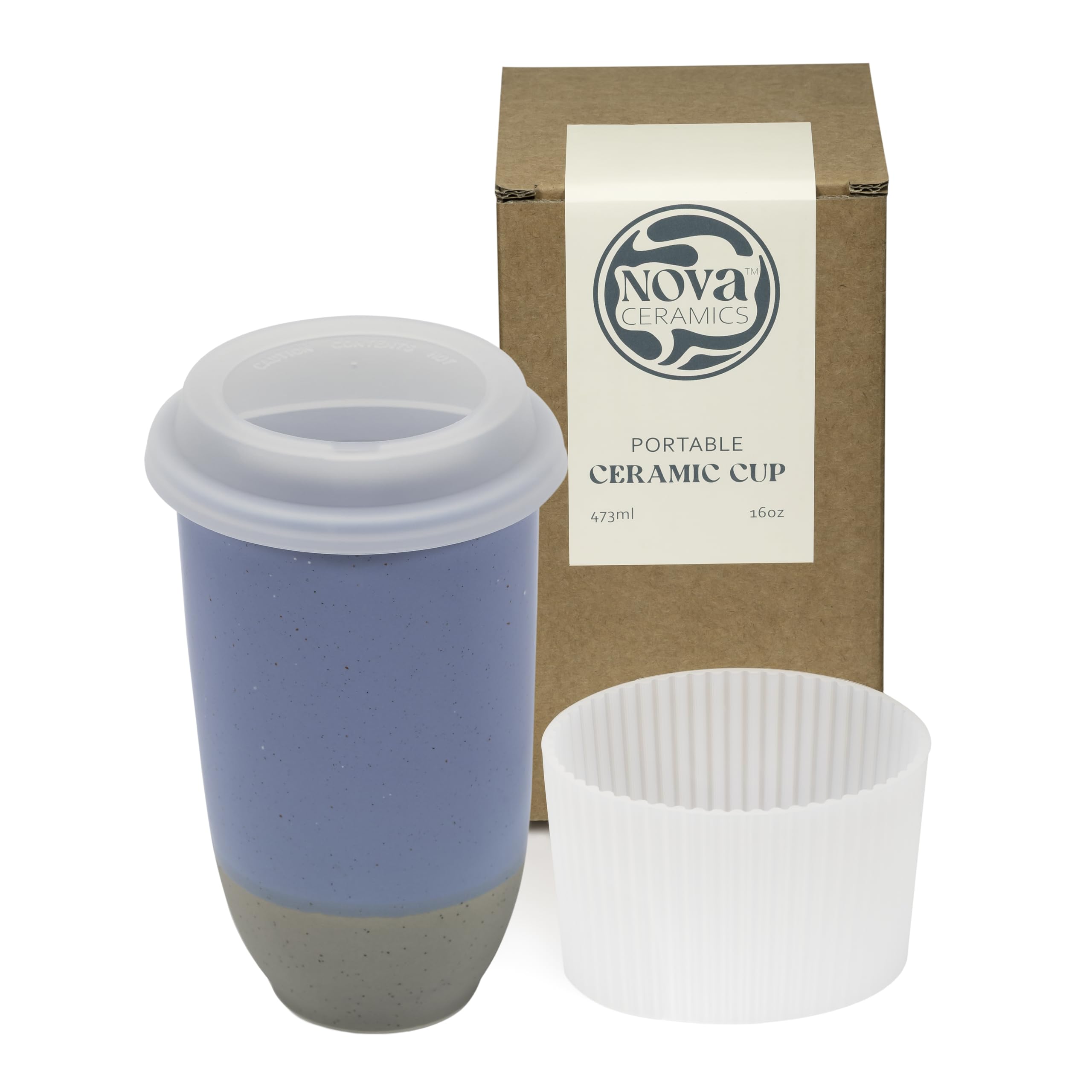 NOVA CERAMICS Travel Mug - Ceramic Coffee Mug With Lid – Microwave &amp; Dishwasher Safe Coffee White &amp; Grey Tumbler - Fits In Cup Holder – 16oz – Coastal Drift