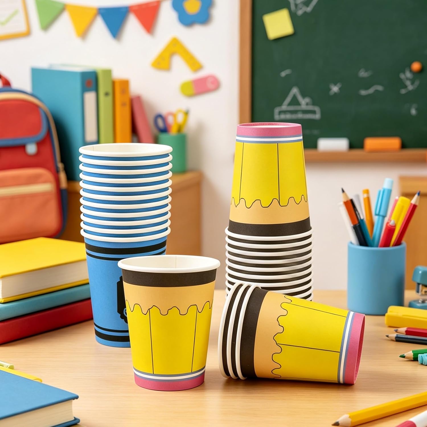 50PCS Back to School Paper Cups, 9 oz Disposable Pencil Crayon Paper Cups First Day of School Disposable Drinkware for Preschool Kindergarten Graduation Party Supplies Decorations image 4