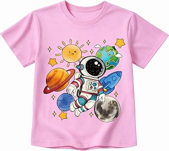 Toddler Boys T-Shirt Cotton Astronaut Space Sun Planet Rocket Short Sleeve Kids Top 2-8 Years