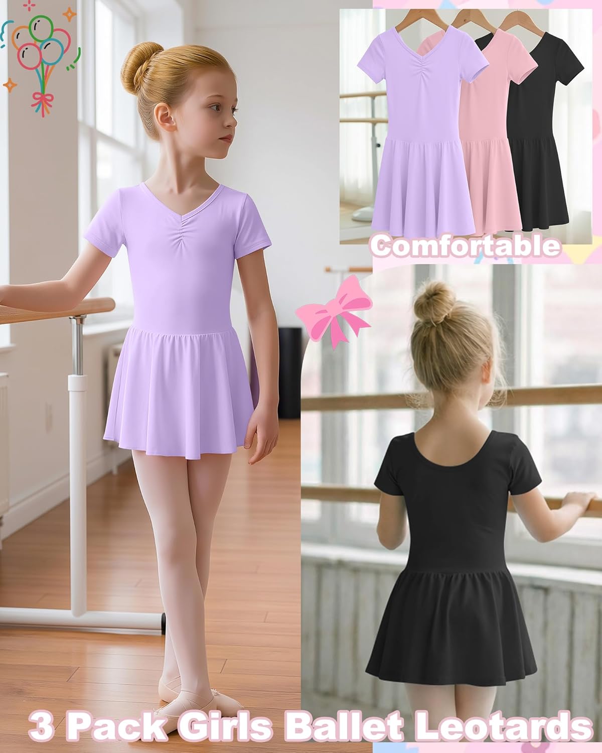 3 Pack Girl's Ballet Leotards Short Sleeve V Neck Dance Dress Toddler Classical Ballerina Soft Stretch Outfits