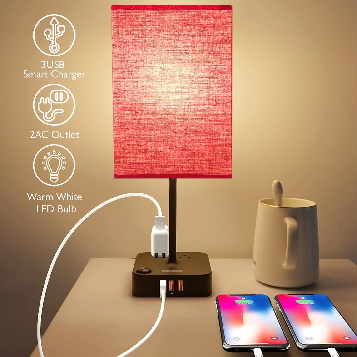 COZOO USB Bedside Table Desk Lamp with 3 USB Charging Ports and 2 Outlets Power Strip,Black Charger Base with White Fabric Shade, LED Light for Bedroom/Nightstand/Living Room (Red)