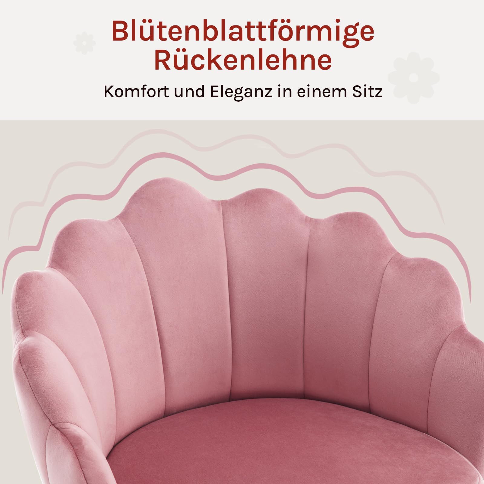 WOLTU Homeoffice Stuhl, Schminktisch Stuhl mit Blütenblatt-Rückenlehne, Drehstuhl mit Rollen, Schreibtischstuhl höhenverstellbar, für Arbeitszimmer, Schlafzimmer, Samt, Rosa