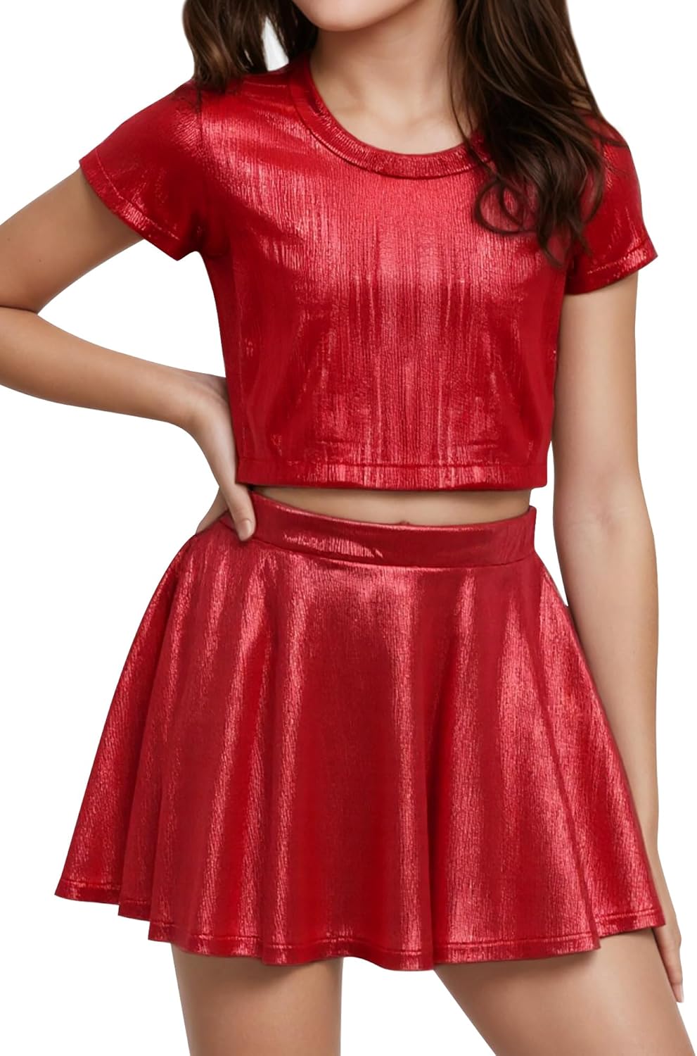 Happy Cherry Kid Girl Shiny Skirt and Top Set 2 Piece Texture Ribbed Metallic Disco Rave Cheer Outfit 4-12T