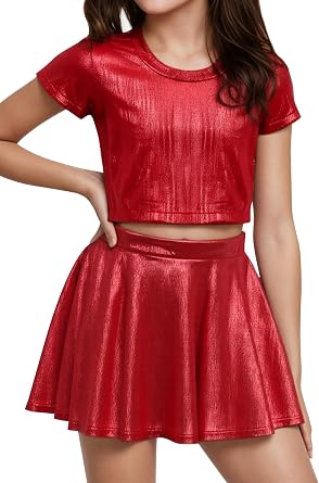 Happy Cherry Kid Girl Shiny Skirt and Top Set 2 Piece Texture Ribbed Metallic Disco Rave Cheer Outfit 4-12T