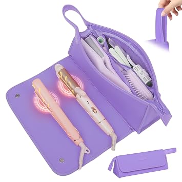 JKAOO Hair Tools Travel Bag and Heat Resistant Mat, Purple | 2 in 1 Portable Organizer, For Curling Iron, Hair Straightener, Flat Irons, PU Hangable Handle, Neoprene