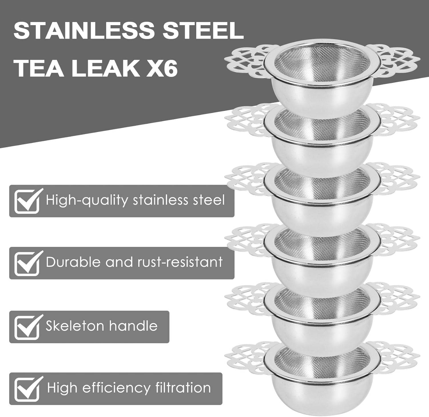 6Pack Tea Strainers with Drip Bowl,2.5 Inch Tea Filters for Loose Leaf Tea, Stainless Steel Mesh Tea Infuser with Handle