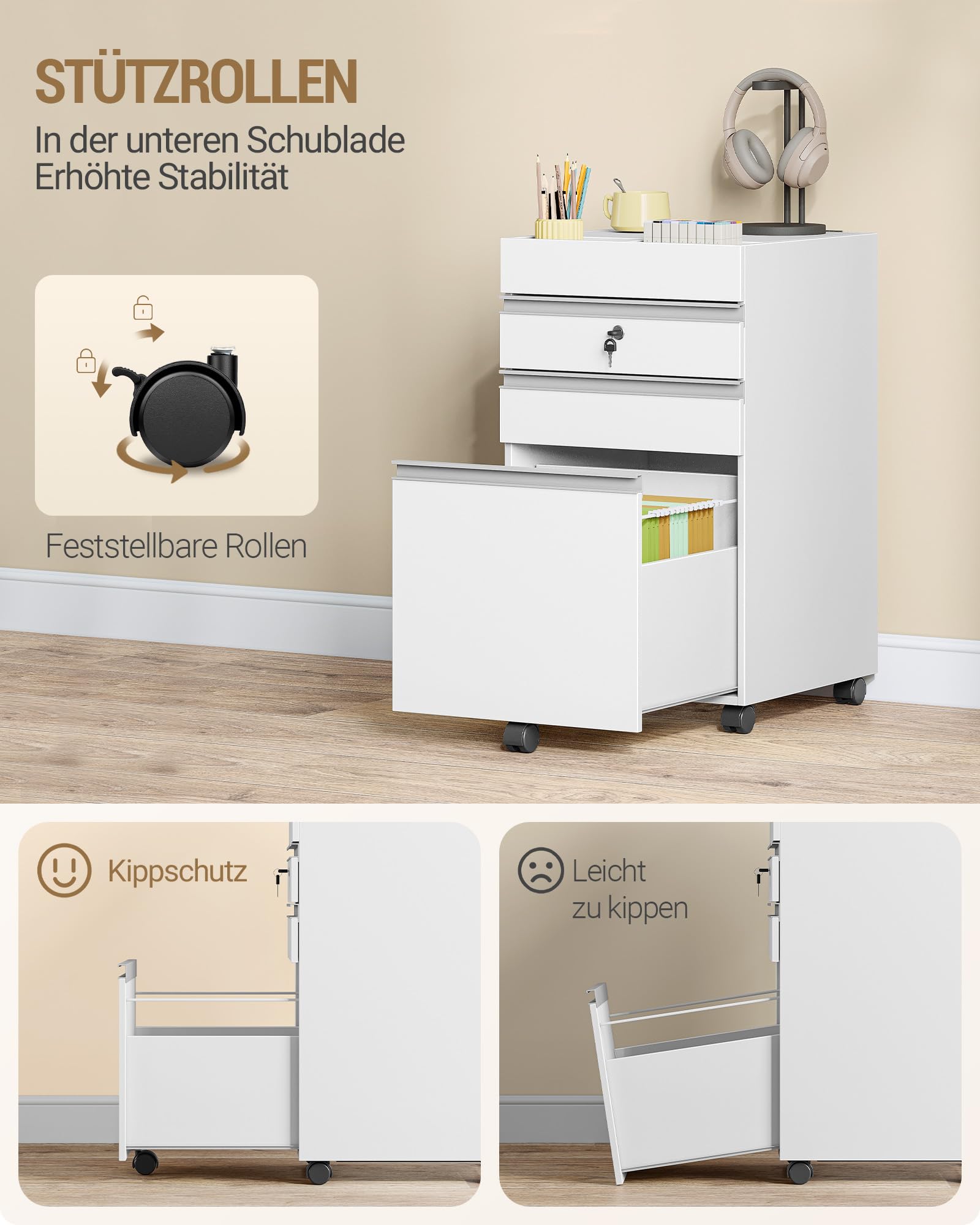 Hzuaneri Rollcontainer, Aktenschrank, abschließbarer Büroschrank mit 3 Schubladen, extra stauraum Oben, Schubladenschrank für DIN A4, Letter, für Büro, Homeoffice, 40 x 40 x 70 cm Weiß FC41003XV1