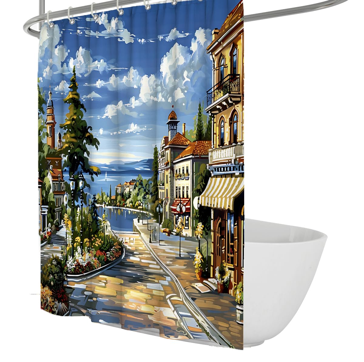 UERWOWELL Mediterranean Town Shower Curtain Abstract European Coastal Village Landscape Fabric Bath Curtain with Hooks Washable Polyester Fabric W240xL180 cm
