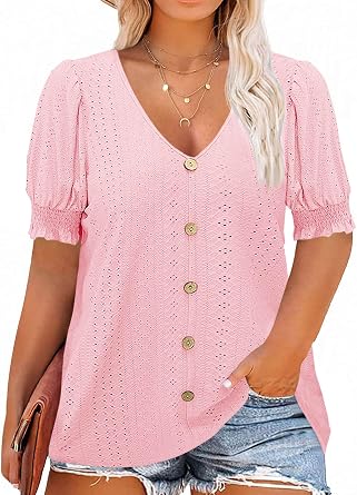 Beautife Womens Plus Size Tunic Tops V Neck Short Puff Sleeve Tops Casual Summer Eyelet Blouses