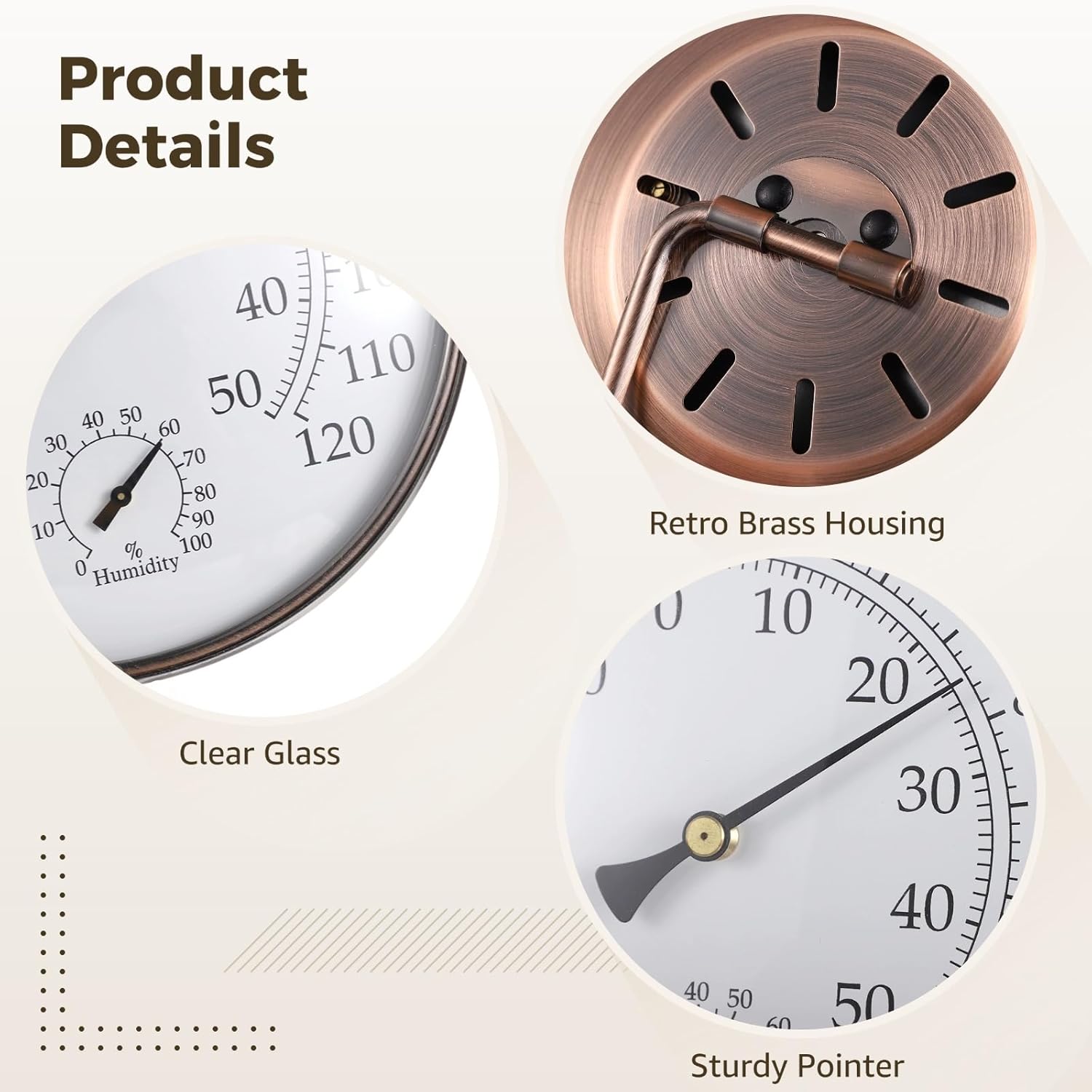 6 Inch Outdoor Thermometer with Hygrometer, Antique Copper Finish, Dual Scale -40°F to 120°F, Wall Mount