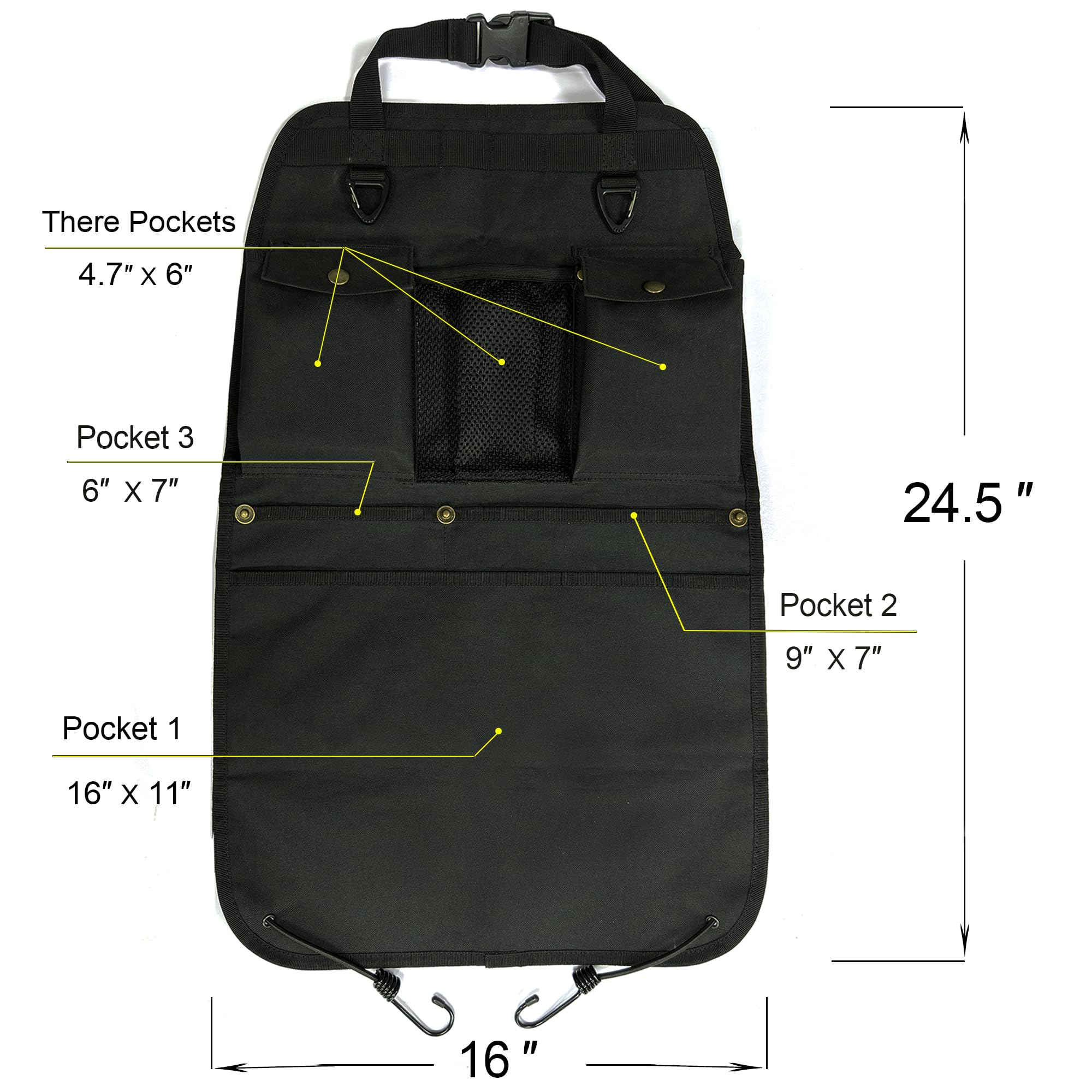 Schwarzer Autositz-Organizer mit mehreren Taschen und Haken