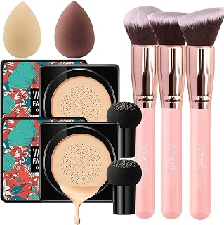 2 PCS Air Cushion CC Cream Mushroom Head Foundation & Moisturizing BB Cream Long Lasting Matte Concealer Bright Makeup Base Long Lasting With Sponge and Powder Brush (Natural)