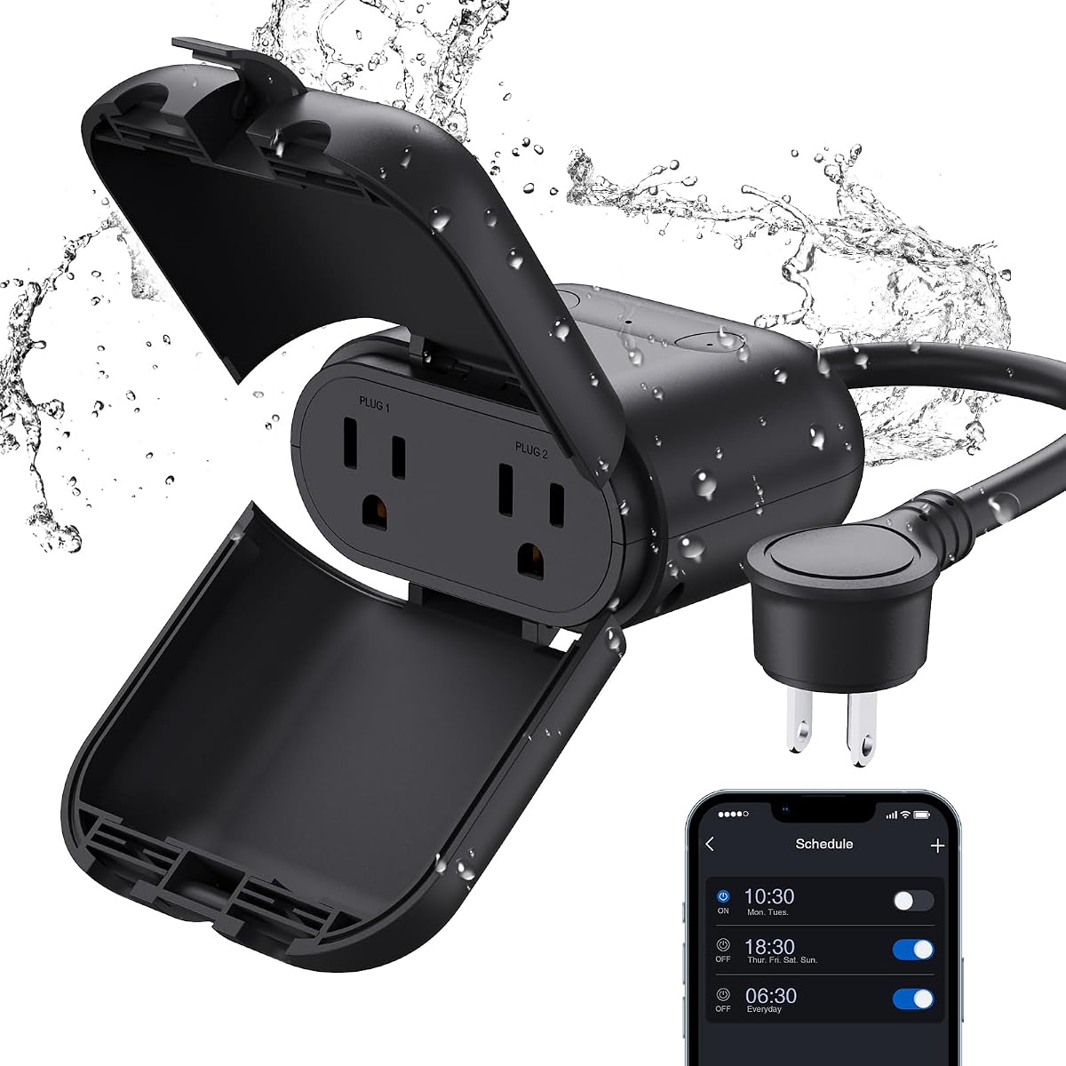 PQR20 Outdoor Smart Plug Waterproof IP66, WiFi Plug with 2 Individually Sockets, Compatible with Alexa & Google Assistant, Smart Outdoor Outlet for String Lights, UL Certified, 1 Pack, Black